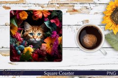 Cute Cat and Flowers Square Coaster | Pet Lover Design Product Image 1