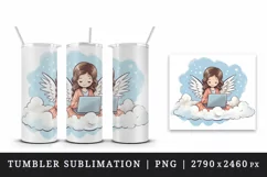 Digital drawing cute adorable girl angel on cloud laptop computer print 20 oz tumbler skinny mug wrap clipart t-shirt sublimation printable design
