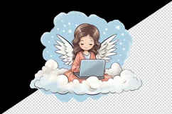 Digital drawing cute adorable girl angel on cloud laptop computer print 20 oz tumbler skinny mug wrap clipart t-shirt sublimation printable design