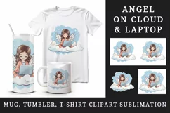 Digital drawing cute adorable girl angel on cloud laptop computer print 20 oz tumbler skinny mug wrap clipart t-shirt sublimation printable design