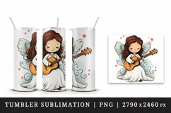 Digital drawing cute adorable girl angel playing guitar music rock print 20 oz tumbler skinny mug wrap clipart t-shirt sublimation printable design