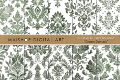 Sage and Olive Damask Digital Papers in Watercolor Style Product Image 1