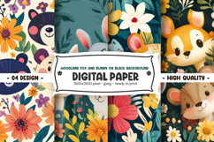 Woodland fox and bunny on black background digital paper Product Image 1