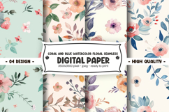 Coral and blue watercolor floral seamless digital paper Product Image 1
