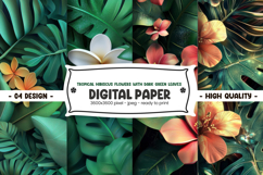 Tropical hibiscus flowers dark green leaves digital paper Product Image 1