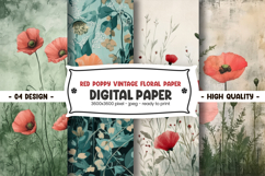 Red poppy vintage floral paper digital paper Product Image 1
