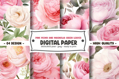 Pink peony and magnolia green leaves digital paper Product Image 1