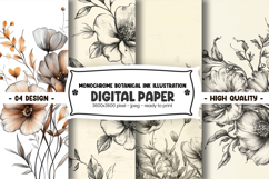 Monochrome botanical ink illustration digital paper Product Image 1