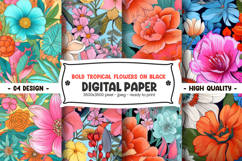 Bold tropical flowers on black digital paper Product Image 1