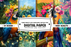 Funny parrots with sunflowers cartoon style digital paper Product Image 1
