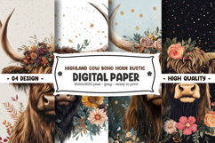 Highland cow boho horn rustic digital paper Product Image 1