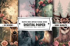 Rustic deer antler floral boho digital paper Product Image 1