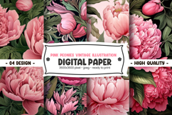 Pink peonies vintage illustration digital paper Product Image 1