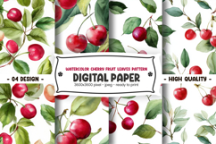 Watercolor cherry fruit leaves pattern digital paper Product Image 1