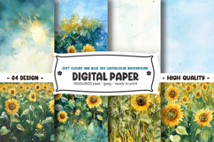 Soft clouds and blue sky watercolor background digital paper Product Image 1