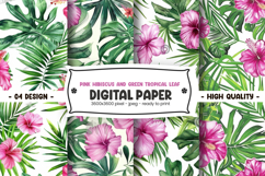 Pink hibiscus and green tropical leaf digital paper Product Image 1