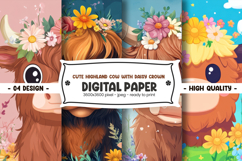 Cute highland cow with daisy crown digital paper Product Image 1