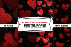 Red hearts on black glitter valentine digital paper Product Image 1