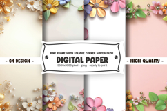 Pink frame with foliage corner watercolor digital paper Product Image 1