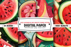 Juicy watermelon and hibiscus summer pattern digital paper Product Image 1