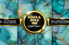 Aqua &amp; Gold Ink Digital Papers - 04 variations Product Image 1