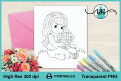 Digital Stamp, Girl w Flowers Printable, Cute Girl Line Art Product Image 1