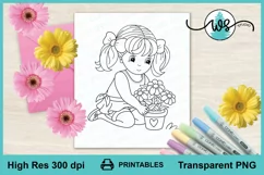 Digital Stamp, Gardening Girl Printable, Cute Girl Line Art Product Image 1