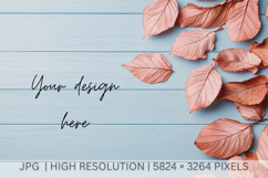 Dried autumn leaves muted pink, Blue wood flat lay Product Image 1
