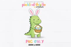 A cute green dinosaur wearing pink bunny ears and holding a woven basket filled with pastel Easter eggs. The illustration has smooth black outlines, soft shading, and a transparent background for easy crafting.