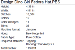 Girl with a Fedora Hat on a Dinosaur Machine Embroidery Product Image 2