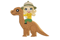 Girl on a Dinosaur in a Safari Hat Machine Embroidery Product Image 1