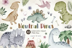 Watercolor Neutral Dinosaur Clipart, Cute Baby Dino PNG Product Image 1