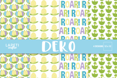 Colorful dinosaur party digital paper with ROAR pattern and dino eggs