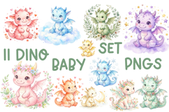 11 Cute Baby Dragon Watercolor Cliparts Set Product Image 1