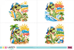 Green cartoon dinosaur holding a striped surfboard beside colorful Dino Summer Fun lettering and a sunny tropical beach scene