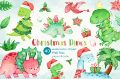 Watercolor Christmas Dinosaurs Clipart, Cute Xmas Dino PNG Product Image 1