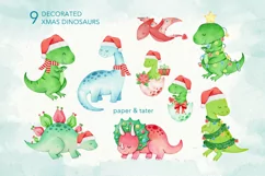 Watercolor Christmas Dinosaurs Clipart, Cute Xmas Dino PNG Product Image 4