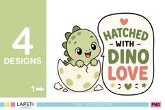 Coordinated dinosaur clothing graphics in green, coral and warm neutral colors