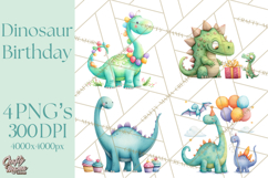 Dinosaur Birthday Clipart PNG, Watercolor Dino Birthday Product Image 1