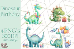 Dinosaur Birthday Clipart PNG, Watercolor Dino Birthday Product Image 1