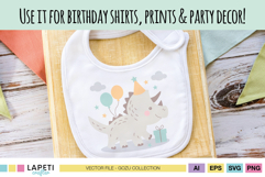White baby bib with pastel dinosaur birthday illustration, ideal for baby’s first birthday and party gifts.