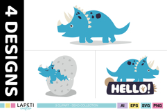 Cute turquoise triceratops with cream horns and dark blue spots