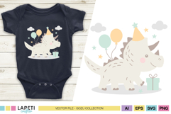 Mockup of a navy baby bodysuit with dinosaur birthday SVG, featuring a smiling triceratops and pastel balloons.