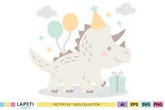 Cute baby triceratops with party hat, balloons and a gift, perfect for birthday crafts and nursery decor.