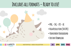 Pastel dinosaur clipart with party elements and text about available file formats: PNG, SVG, EPS, AI.