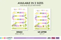 Pastel dinosaur chore chart featuring stepping spaces, volcano, footprints and encouraging messages