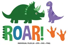 Four colorful dinosaur clipart designs featuring a green triceratops, purple dinosaur, ROAR lettering and prehistoric footprints.
