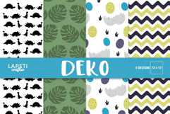Four dinosaur digital papers with dinos eggs leaves and chevron patterns