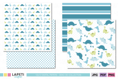 Blue and green dinosaur digital papers with polka dots, stripes, and cartoon dino illustrations, fun patterns for kids crafts and scrapbooking.