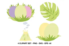 Dinosaur egg clipart with pastel prehistoric eggs, erupting volcano and tropical leaf